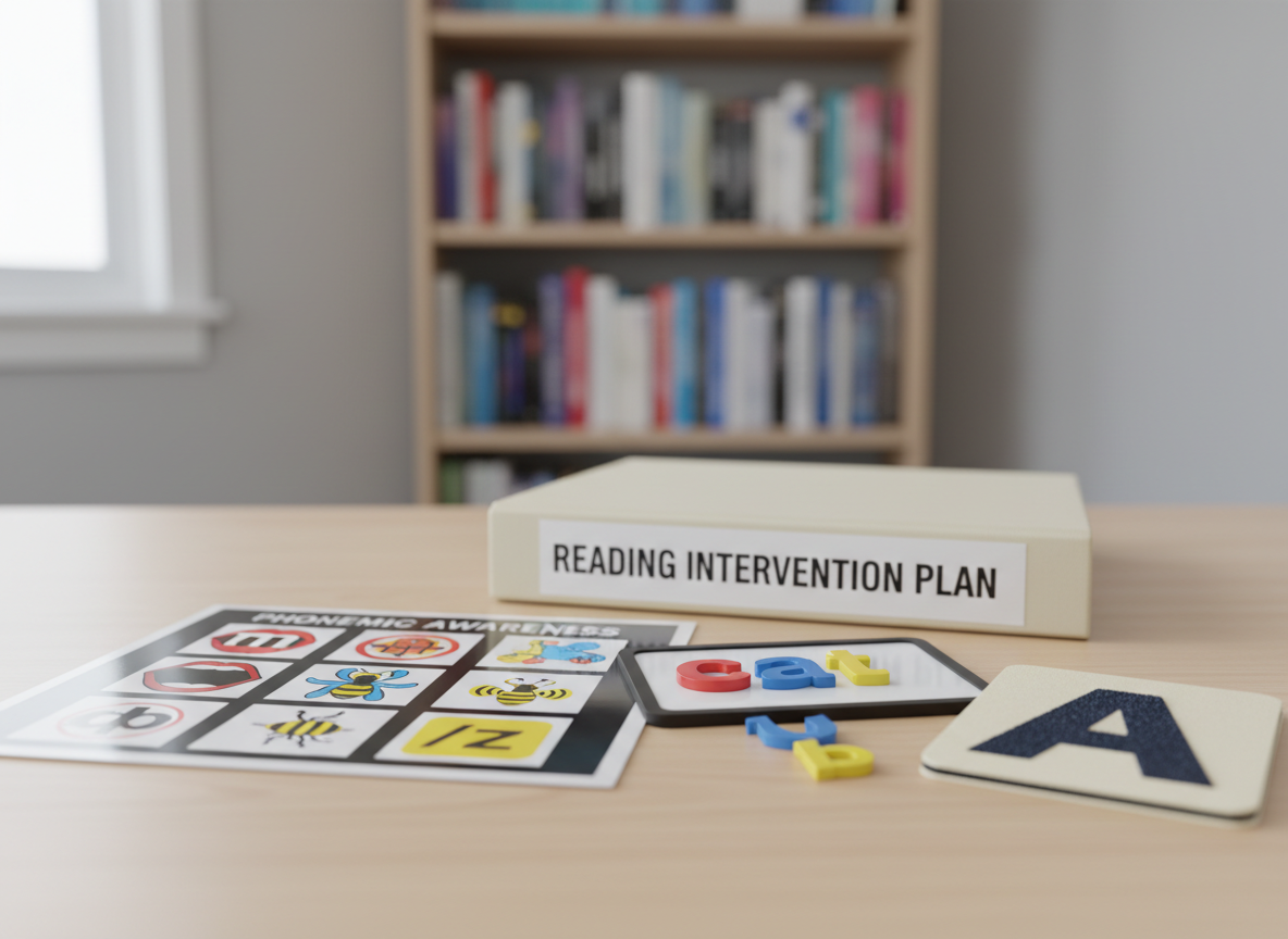 A close-up, photographic view of a light wooden table displaying a carefully organized set of foundational literacy tools: a laminated phonemic awareness chart with bold, high-contrast icons, magnetic lowercase letters arranged in a partial word, and a smooth sandpaper letter card textured in deep navy on a cream background. Behind them, a closed binder labeled “Reading Intervention Plan” rests neatly. The environment is a minimalist, professional workspace with a soft grey wall and a blurred bookshelf of reference materials in the distance. Diffused overcast light from a nearby window creates even illumination, reducing glare on laminated surfaces and highlighting textures. Shot at a low, eye-level angle with shallow depth of field, the atmosphere feels precise, expert, and trustworthy, emphasizing structured literacy support for schools and families.