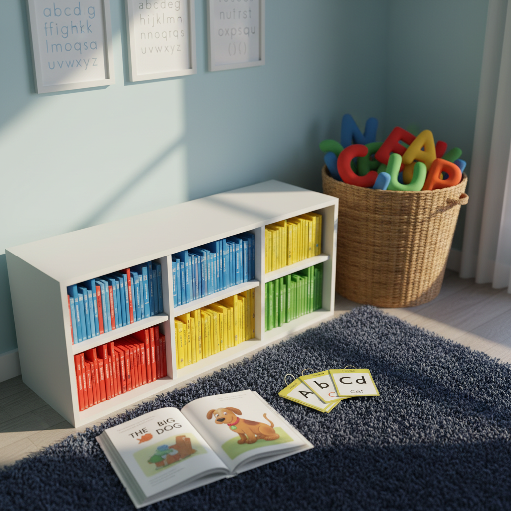 An inviting reading corner composed of a low, white bookshelf filled with early-reader books organized by colorful spine labels, next to a woven basket brimming with plush fabric letters in primary colors. In front, a soft, textured navy-blue rug holds an open picture book with large, clear text and vivid illustrations, beside a neatly stacked set of phonics flashcards bound with a small metal ring. The space sits against a pale blue wall with minimal, framed alphabet prints slightly out of focus. Soft afternoon natural light enters from the right, creating a warm, photographic glow and gentle shadows. Captured from a slightly elevated angle with clean, modern composition, the mood is calm, structured, and supportive of focused foundational literacy learning.