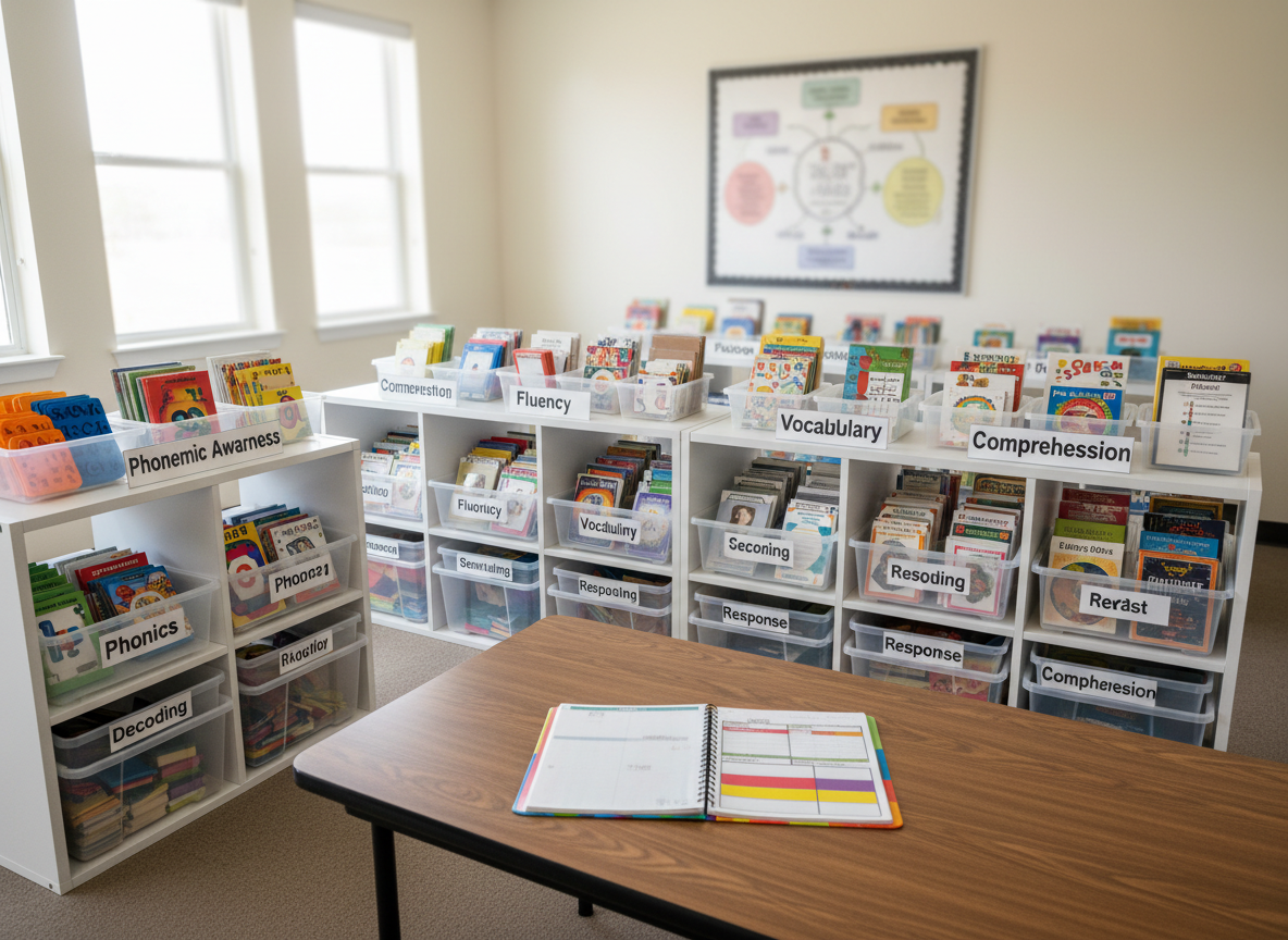 A wide, photographic shot of a school literacy resource room with multiple low white shelving units lined with labeled bins: “Phonemic Awareness,” “Phonics,” “Fluency,” “Vocabulary,” and “Comprehension.” Each bin reveals neatly arranged materials—decodable book sets, word cards, letter tiles, and fluency passages printed on sturdy cardstock. A central rectangular table holds a color-coded lesson planner opened to a structured reading routine. The room’s walls are soft cream, with a large, slightly blurred foundational reading skills poster in the background. Bright, indirect daylight from tall windows on the left floods the space, producing clean, natural light and soft shadows. Captured from a slightly elevated corner angle with sharp focus throughout, the image feels organized, professional, and supportive of systematic literacy instruction.